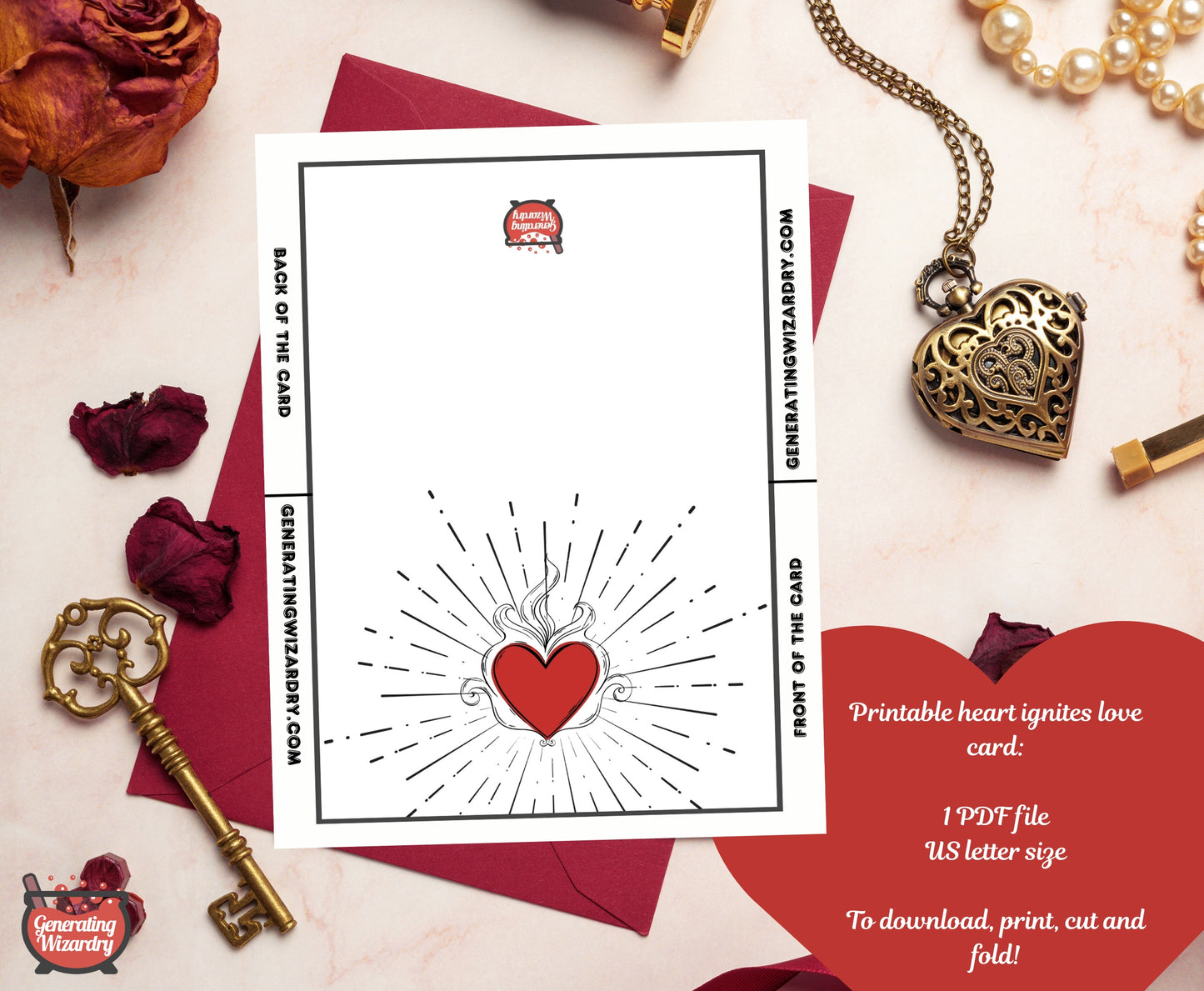 Printable Valentines Heart Ignites Love 7x5 inch card Instant download