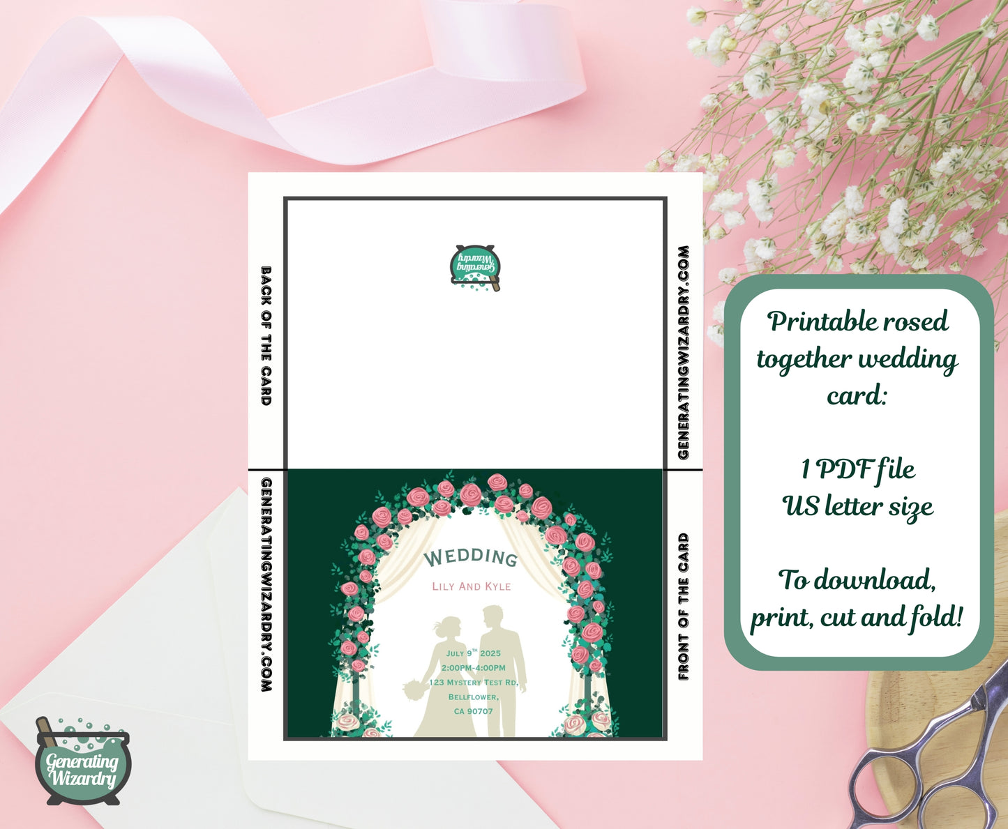 Printable Wedding Rosed Together 7x5 inch card