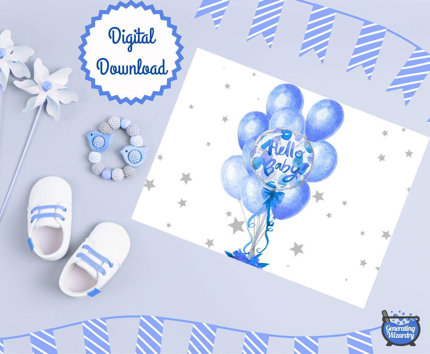 Printable Baby Hello Boy 7x5 inch card Instant download