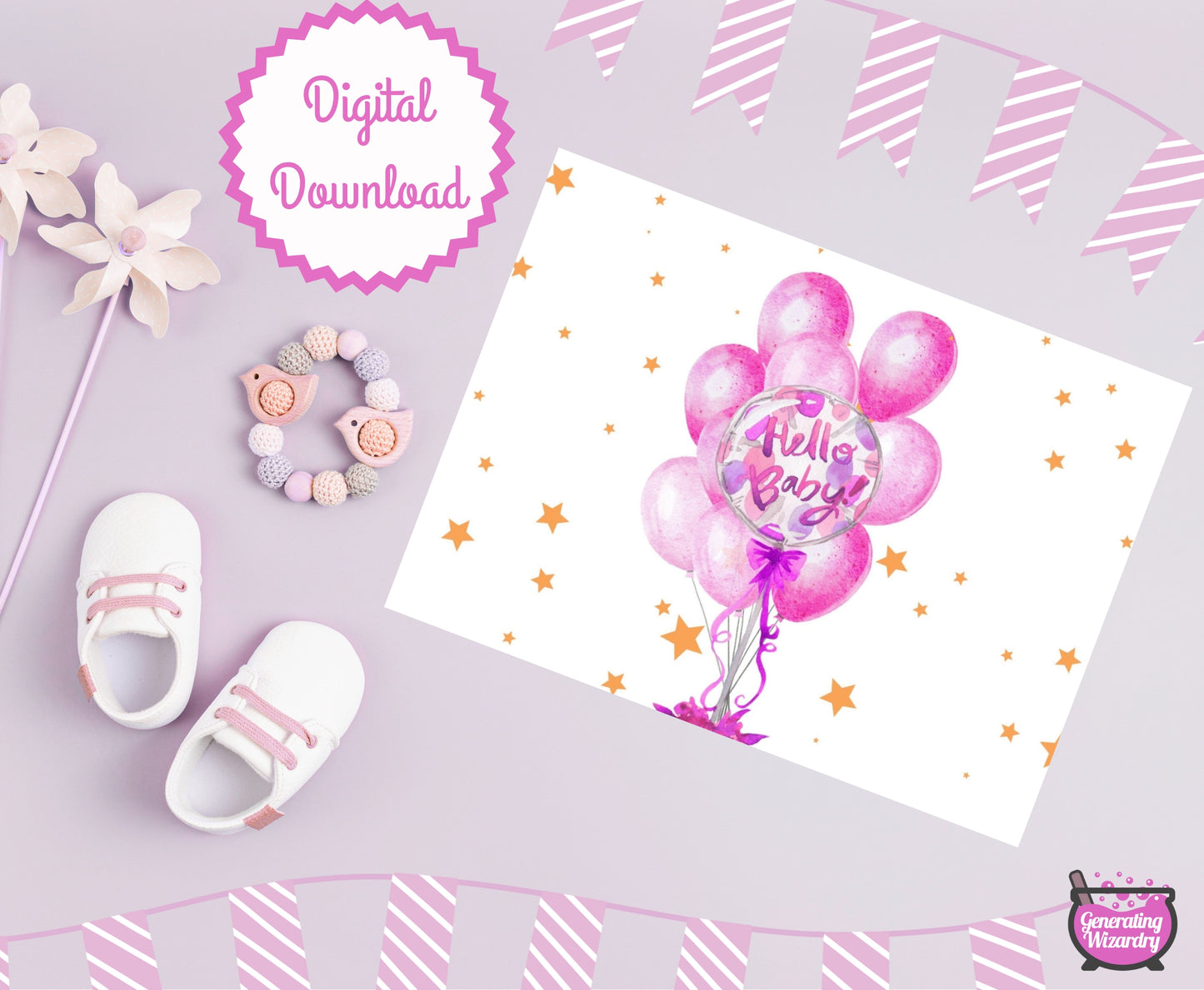 Printable Baby Hello Girl 7x5 inch card Instant download