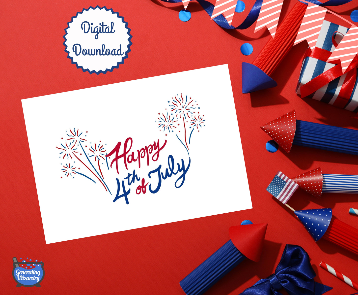 Printable Fourth of July 7x5 inch card Instant download