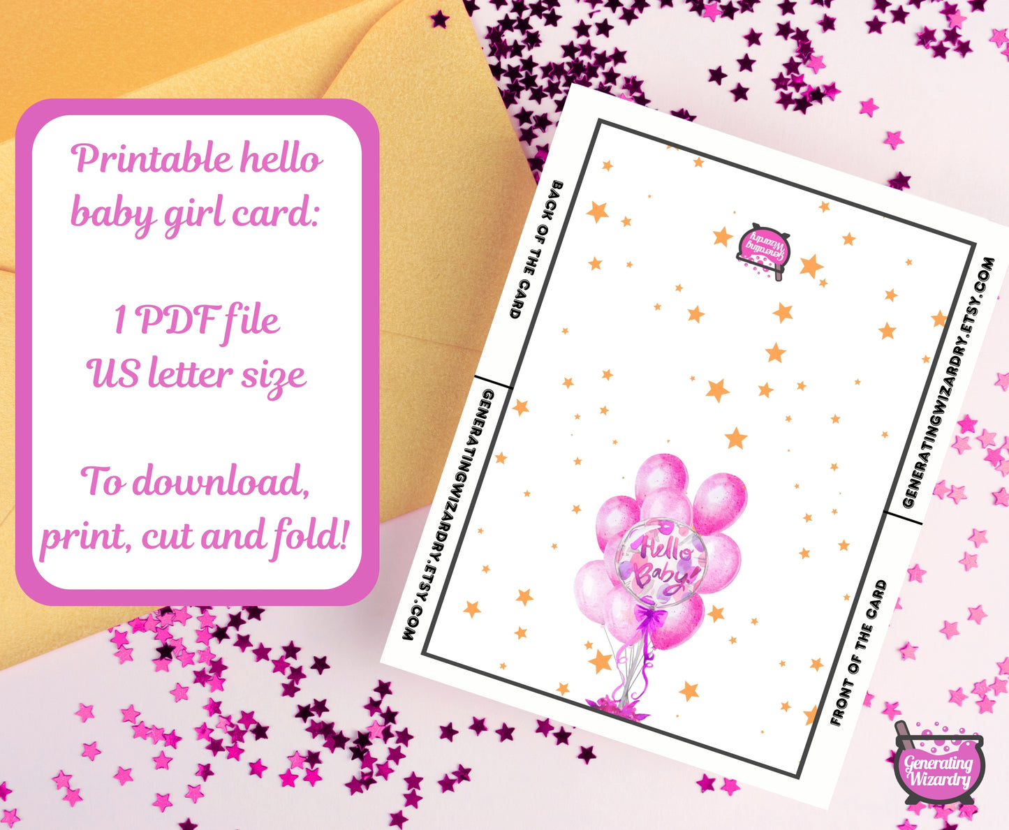 Printable Baby Hello Girl 7x5 inch card Instant download