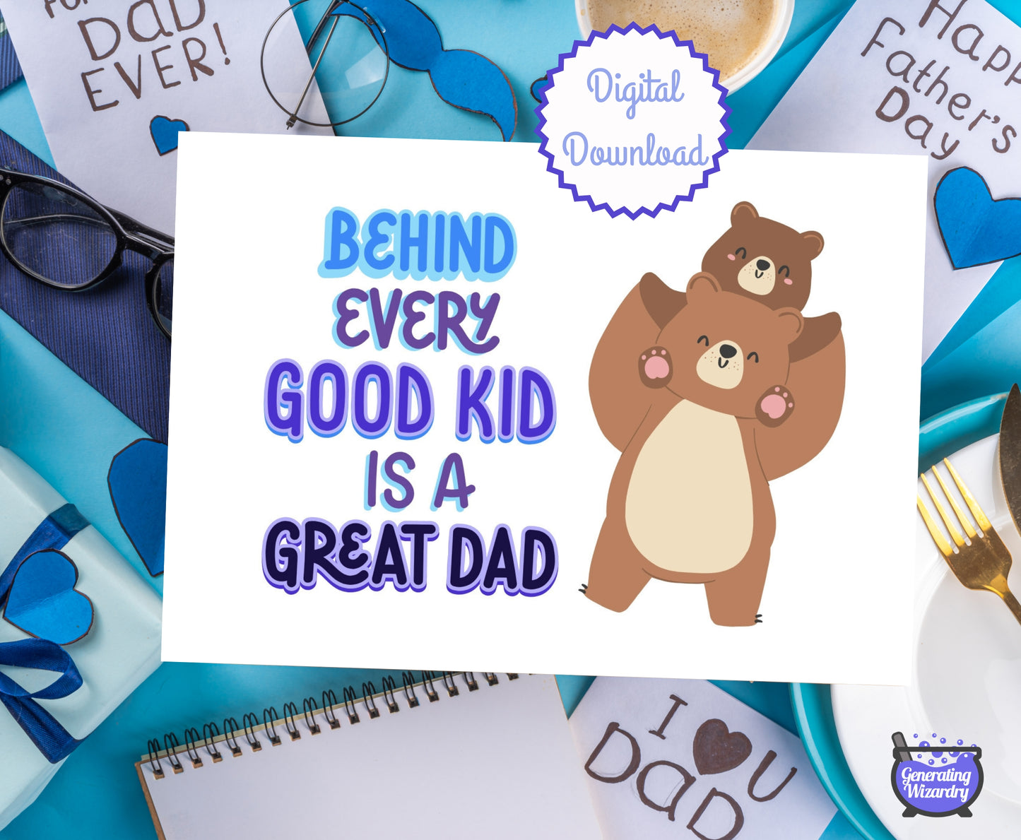 Printable Father's Day 7x5 inch card Instant download