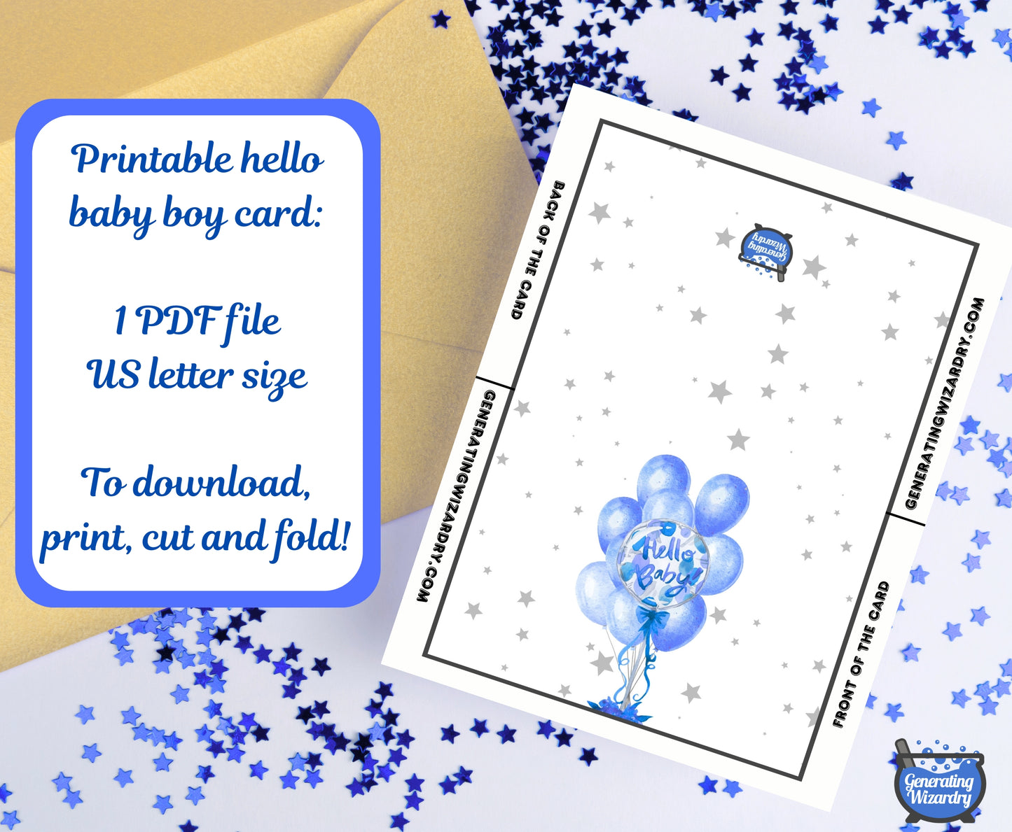 Printable Baby Hello Boy 7x5 inch card Instant download
