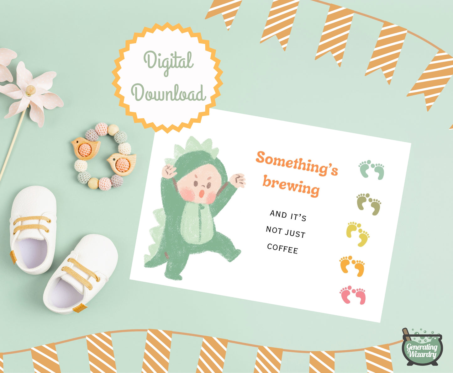 Printable Baby Somethings Brewing 7x5 inch card Instant download